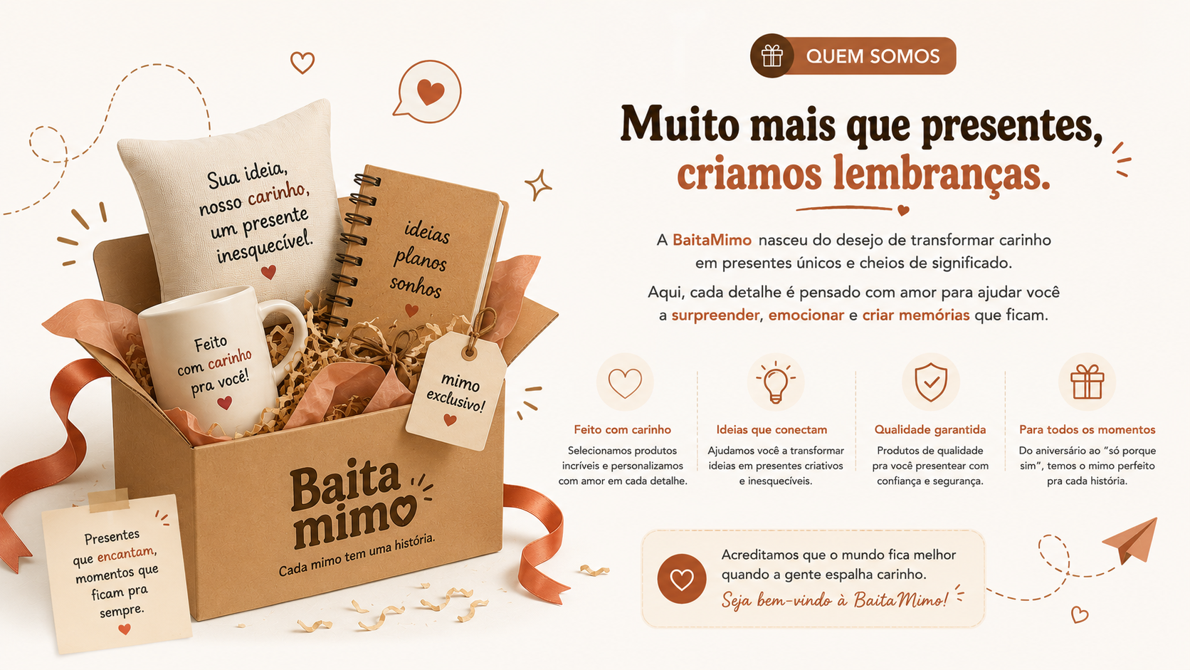 Quem somos: a Baita Mimo nasceu do desejo de transformar carinho em presentes únicos e cheios de significado. Cada detalhe é pensado com amor para criar memórias que ficam.