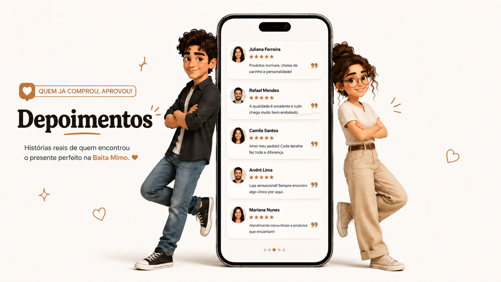 Lampião Jones e Mimosa ao lado de um celular com avaliações de clientes.